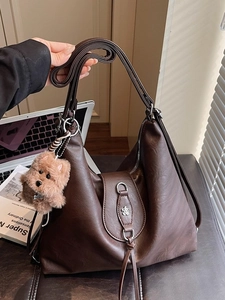 Dark brown large capacity faux leather Hobo backpack with a cute plush dog pendant