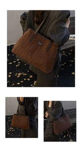 Close-up of leopard print tote bag showing suede texture and metal logo detail