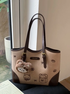 Borsa Tote da Donna in Pelle PU Retro a Contrasto con Stampa di Gatto del Fumetto Borsa a Tracolla di Grande Capacità