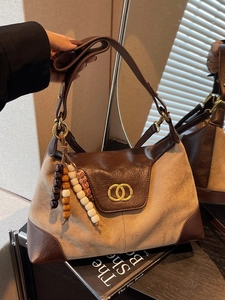 Vintage Leopard Print PU Leather Underarm Bag For Women Large Capacity Dumpling Shoulder Bag With Wood Bead Charm Retro Bag