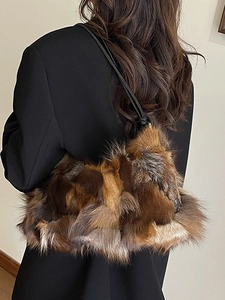 Chic patchwork faux fur shoulder bag in brown and grey tones for autumn winter fashion