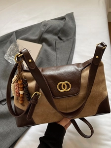 Retro camel suede and brown leather tote bag with gold ring buckle and wood bead tassel