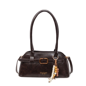 Retro dark brown leather shoulder bag with vintage buckle and wooden bead charm accessory