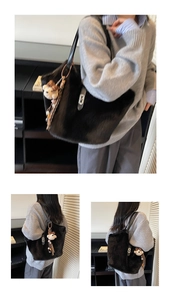 Détail d'un sac cabas en fausse fourrure noire avec fermoir argenté et charme d'ours