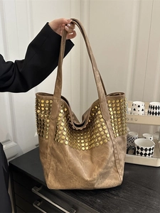 Sac fourre-tout marron vintage à clous dorés, grand sac à épaule en similicuir pour femme