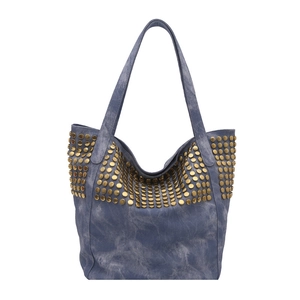 Μπλε τσάντα tote με χρυσά τρουκς σε στυλ washed denim και λουράκι ώμου