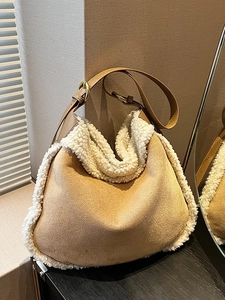 Borsa a Secchiello da Donna in Camoscio Vintage con Patchwork in Lana d'Agnello Sintetica Grande Capacità Tracolla Retro