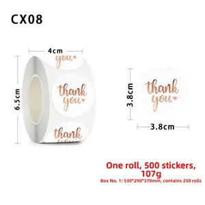 Detail of 3.8cm rose gold thank you stickers roll with dimensions and specifications