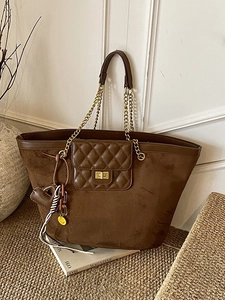 Fashion PU Suede Stitching Tote Bag Large Capacity Quilted Shoulder Bag Gold Chain Commuting Handbag For Women