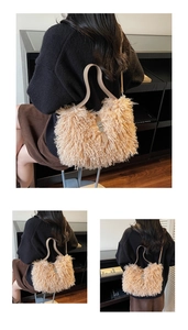 Detailed view of plush faux fur bucket bag featuring a classic vintage metal buckle closure