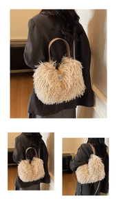 Detail of plush bucket bag featuring soft cream faux fur and premium leather handle strap