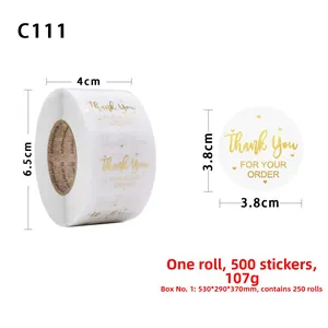 Detail of 1.5 inch transparent gold foil Thank You stickers showing 3.8cm roll dimensions