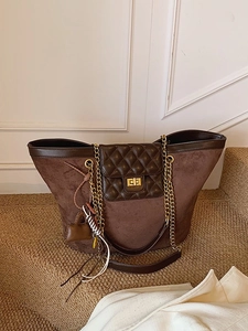 Brown textured large capacity tote bag with gold chain strap and diamond quilt flap