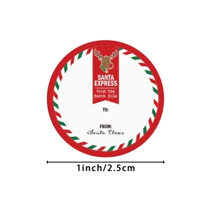 Christmas gift labels roll featuring reindeer Santa Express design and 1 inch diameter size