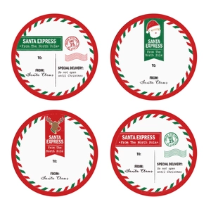 Christmas gift stickers roll with Santa and Reindeer designs in red, white and green