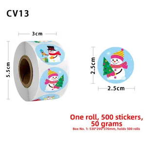 Macro detail of 500 Christmas roll stickers featuring cute snowman and bird designs