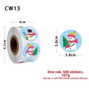 Detail view of 3.8cm cartoon snowman Christmas stickers roll with 500 adhesive labels