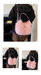 Detail of pink plush bucket bag with feather texture and silver turn-lock closure