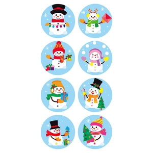 Roll of cartoon snowman round stickers with snowflakes for Christmas gift decoration