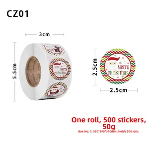 Detail showing 2.5cm diameter Christmas stickers with 500 labels per roll and dimensions