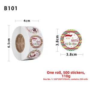 Detailed size chart for Christmas sticker rolls showing dimensions and 500 stickers per roll