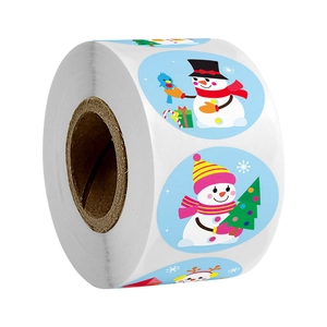 Christmas snowman roll stickers with festive patterns on light blue circular labels