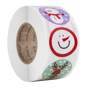 Roll of Christmas stickers featuring snowman and reindeer patterns for gift decoration