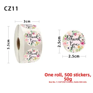 Detail of floral Thank You roll stickers showing single label 2.5cm diameter and roll size