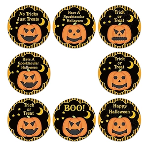 Halloween roll stickers with pumpkin designs and Happy Halloween text on white background