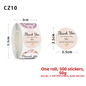 Detail view of 2.5cm Thank You stickers roll with floral patterns and size markings