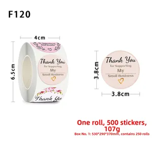Detail of 3.8cm round floral Thank You stickers on roll for business packaging