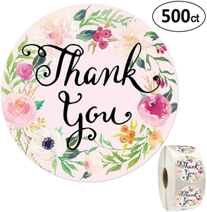 Close-up of watercolor floral thank you stickers with 500 pieces per roll for packaging