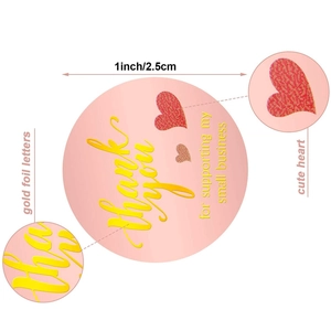 Roll of pink gold foil Thank You stickers with red hearts, 1 inch 2.5 cm gift seals