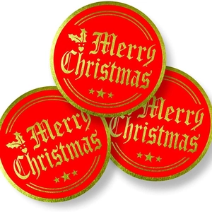 Round red Christmas stickers with gold foil Merry Christmas text and holly leaf patterns