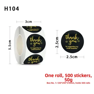 Close-up of 1 inch gold foil Thank You stickers with dimensions and 500 count label