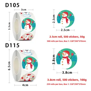 Detailed size chart for snowman Christmas roll stickers showing diameters 2.5cm and 3.8cm