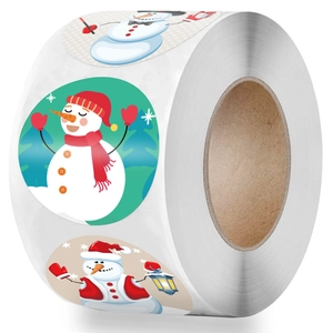 Roll of festive Christmas snowman stickers with assorted colorful holiday cartoon designs