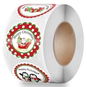 Christmas sticker roll featuring Santa, penguins, and gift box patterns in festive colors