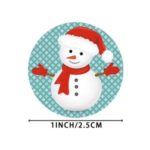 Round 1 inch Christmas snowman gift sticker with blue plaid background and 2.5cm size mark