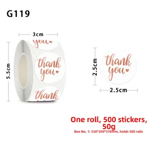 Detailed size view of 2.5cm rose gold thank you stickers on a roll with heart icons