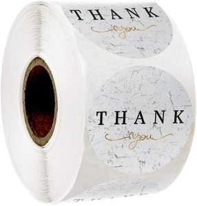 Detail of 1.5 inch marble pattern Thank You stickers with gold foil text on a roll