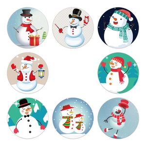 Christmas snowman round sticker roll labels with eight festive cartoon character designs