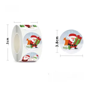 Detail showing 500 Christmas stickers per roll with Santa design and 3.8cm diameter