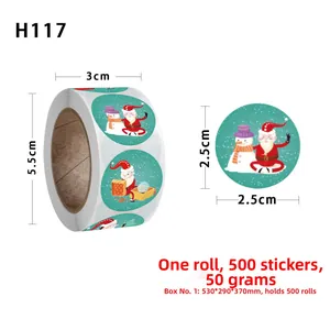 Detailed view showing 2.5cm Christmas sticker roll dimensions and festive patterns