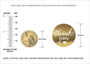 Macro view of 1.5 inch gold foil thank you stickers with precise scale and coin reference