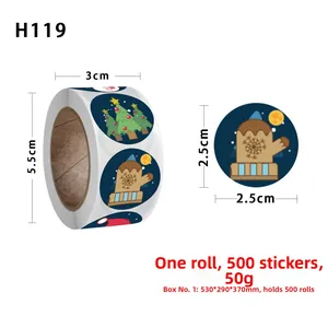 Close-up of 2.5cm Christmas stickers roll with festive tree and snowflake patterns