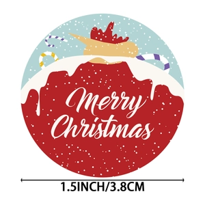 1.5-inch round Merry Christmas sticker roll featuring Santa bag and candy cane designs