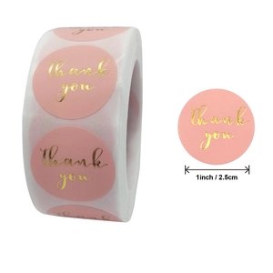 Roll of 500 pink round gold foil thank you stickers 1 inch diameter for packaging