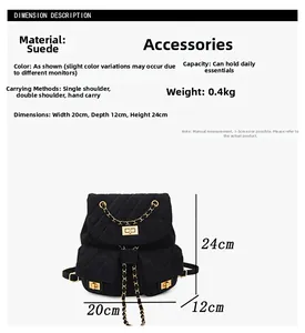 Quilted faux suede backpack with dimensions 20x12x24cm and gold chain detail