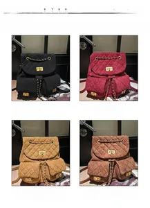 Quilted mini backpack close-up in four colors with chain straps and twist-lock details
